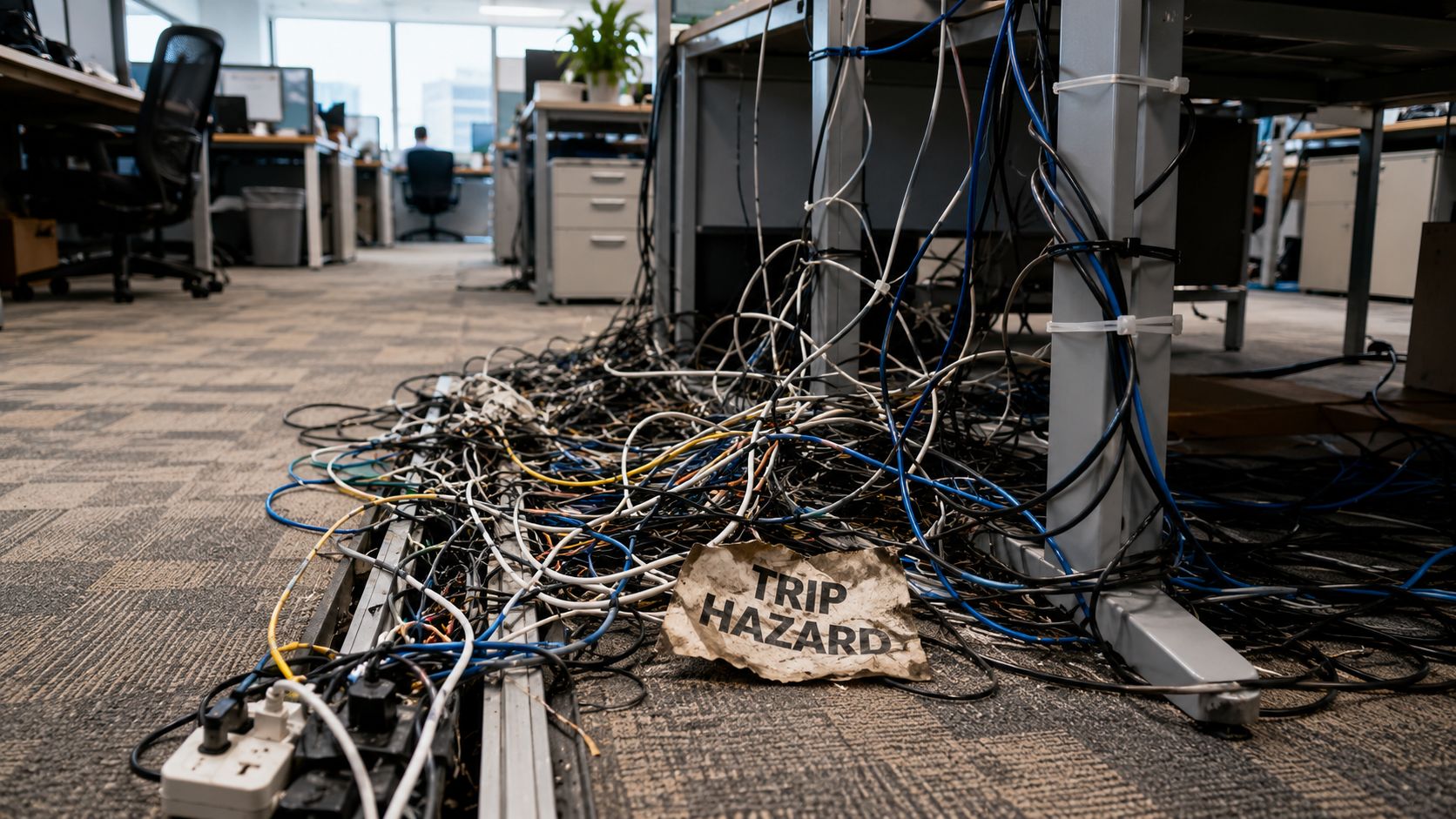 A chaotic tangle of electrical cords and data cables lying on an office floor presenting a hazard.