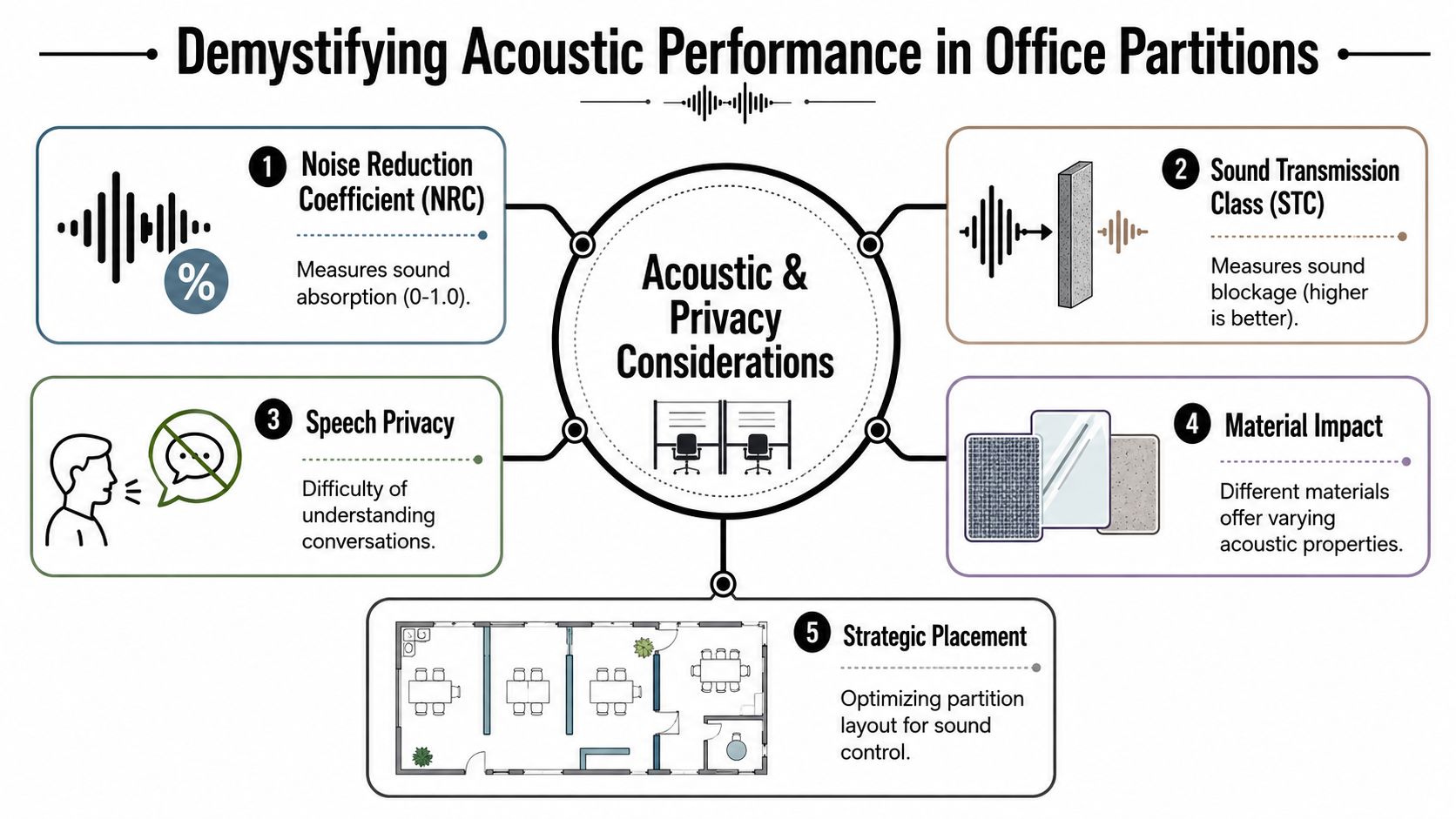 A diagram explaining five key acoustic considerations for office partitions including sound absorption, transmission, and layout strategies.