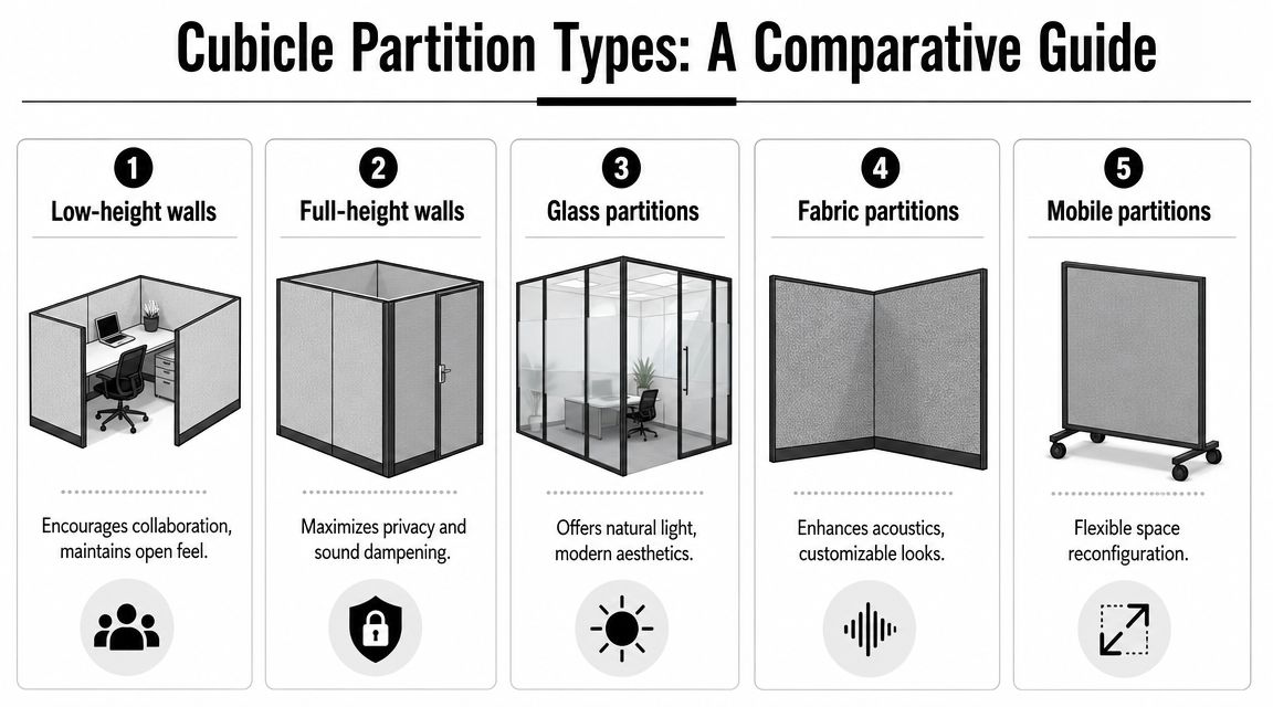 A comparison guide showcasing five different types of cubicle partition walls for modern office interior designs.