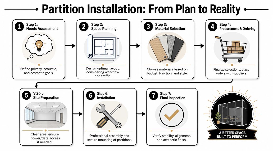 A seven-step process infographic illustrating the workflow for planning and installing office partition cubicle walls.
