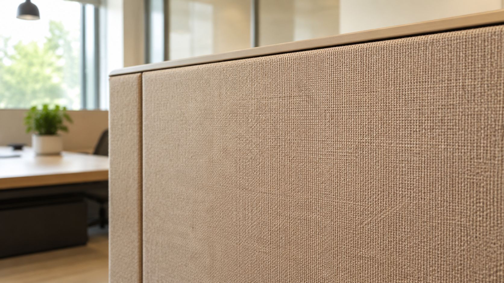 A close-up view of a textured beige office partition wall in a modern workspace environment.