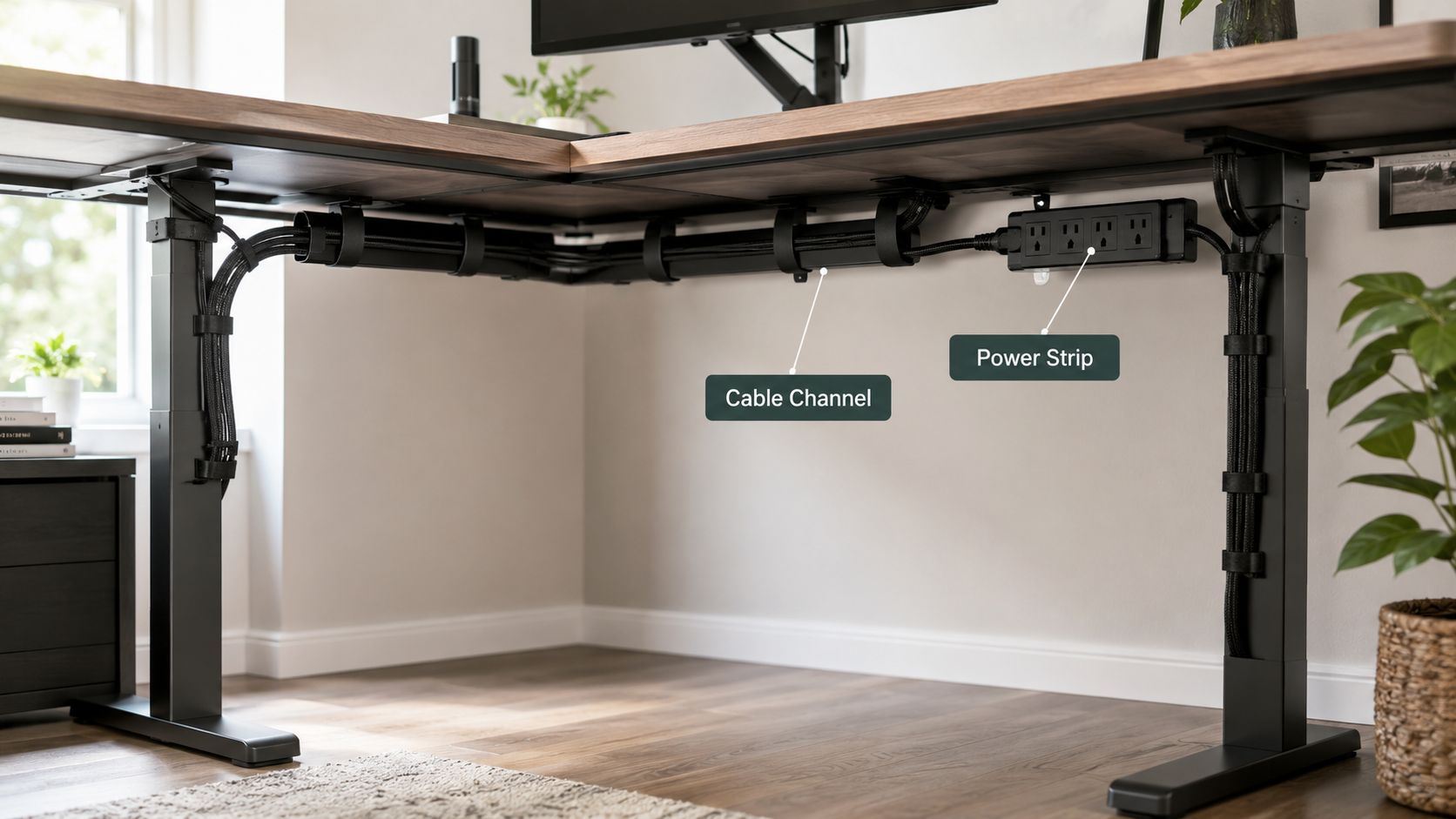 A neatly organized underside of a sit stand desk corner featuring professional cable management and a power strip.