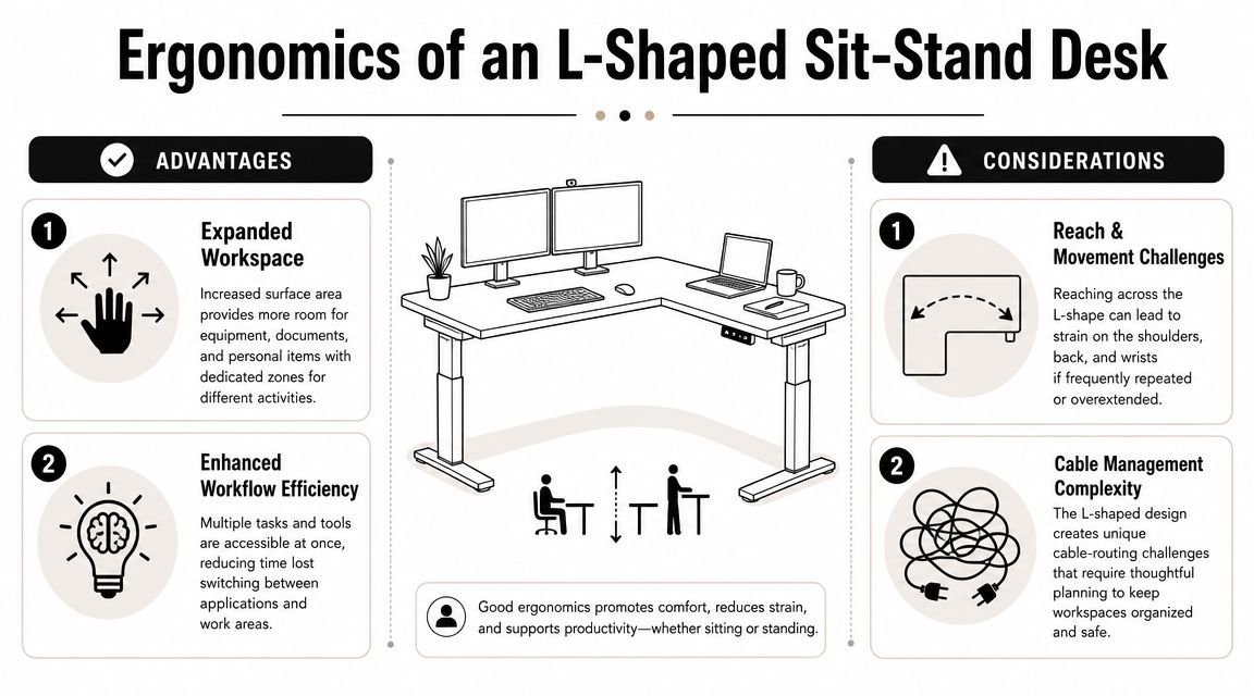 An infographic illustrating the advantages and considerations of using an ergonomic L-shaped sit-stand desk workspace.