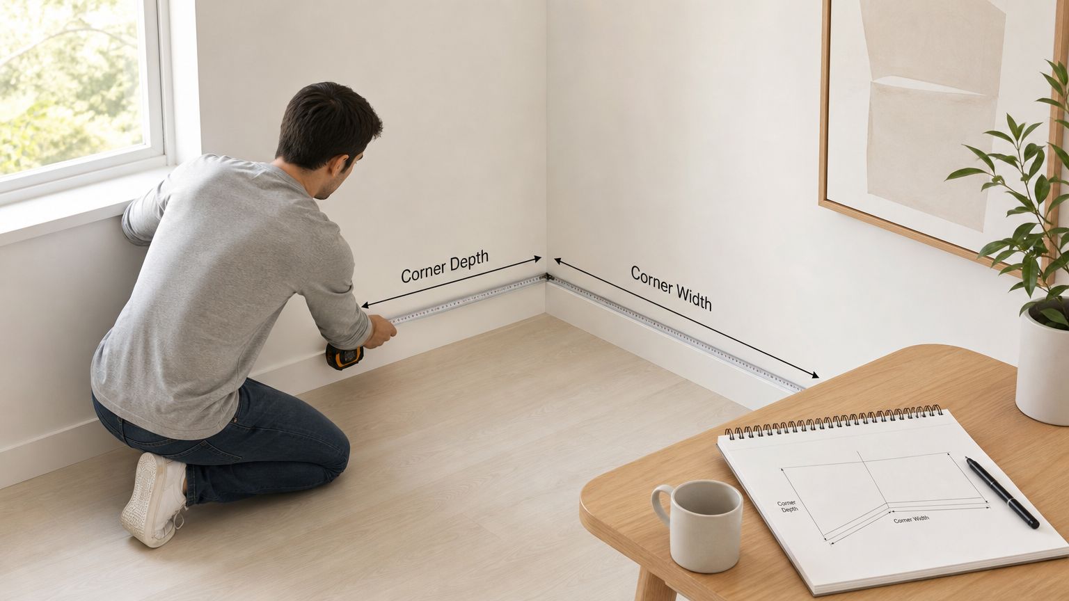 A man measuring a corner wall to prepare for installing a sit stand corner desk installation.