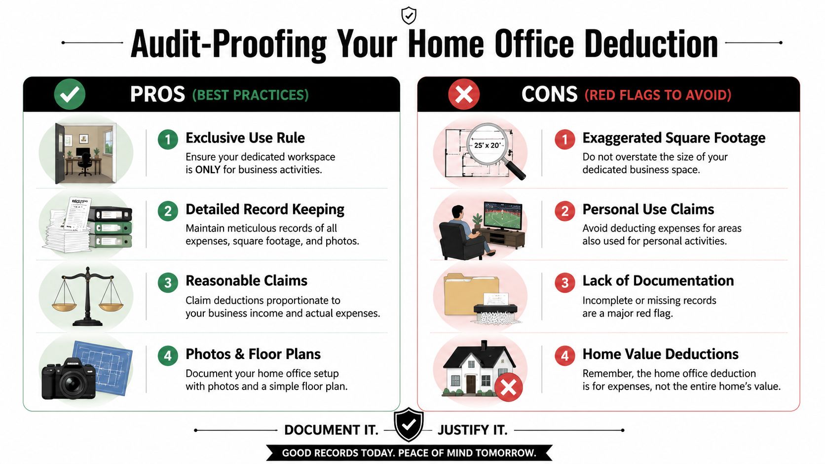 An infographic titled Audit-Proofing Your Home Office Deduction showing pros and cons for tax deductions.