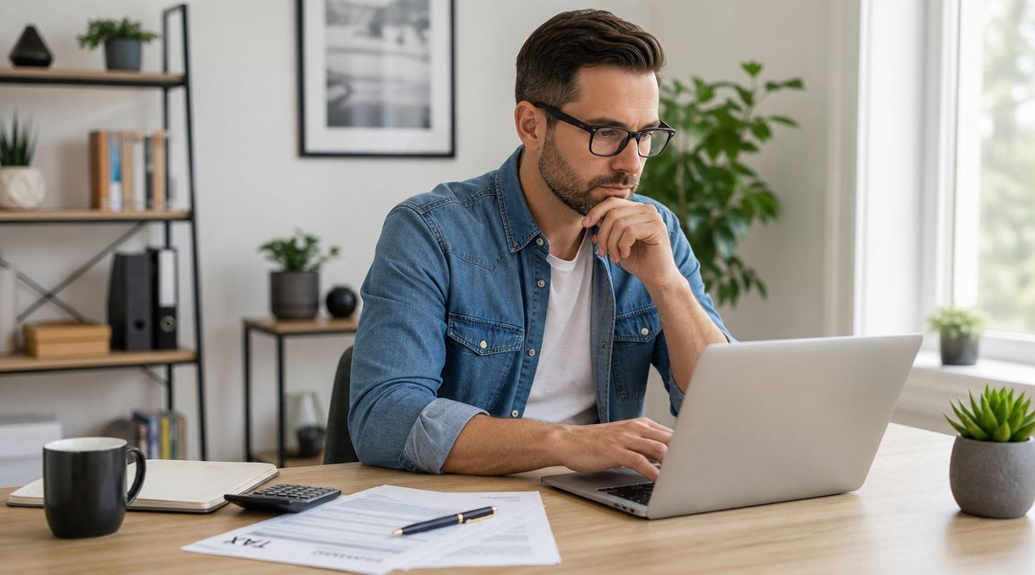 A man working on his laptop while reviewing tax documents in his modern home office setup.