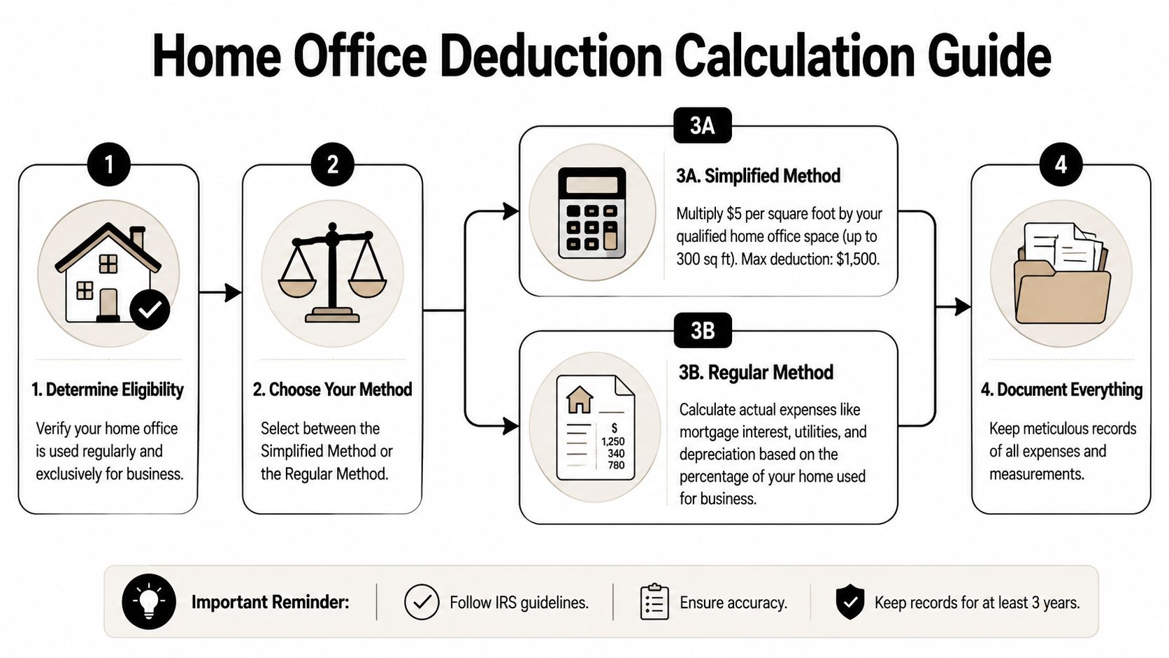 An infographic titled Home Office Deduction Calculation Guide illustrating the four steps to claim tax deductions.