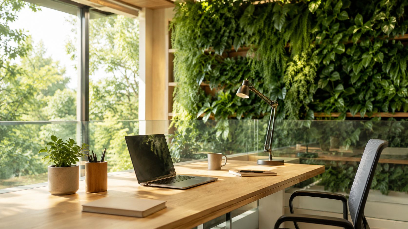 A minimalist home office desk featuring a laptop, a plant, and a sleek lamp overlooking a lush green garden.