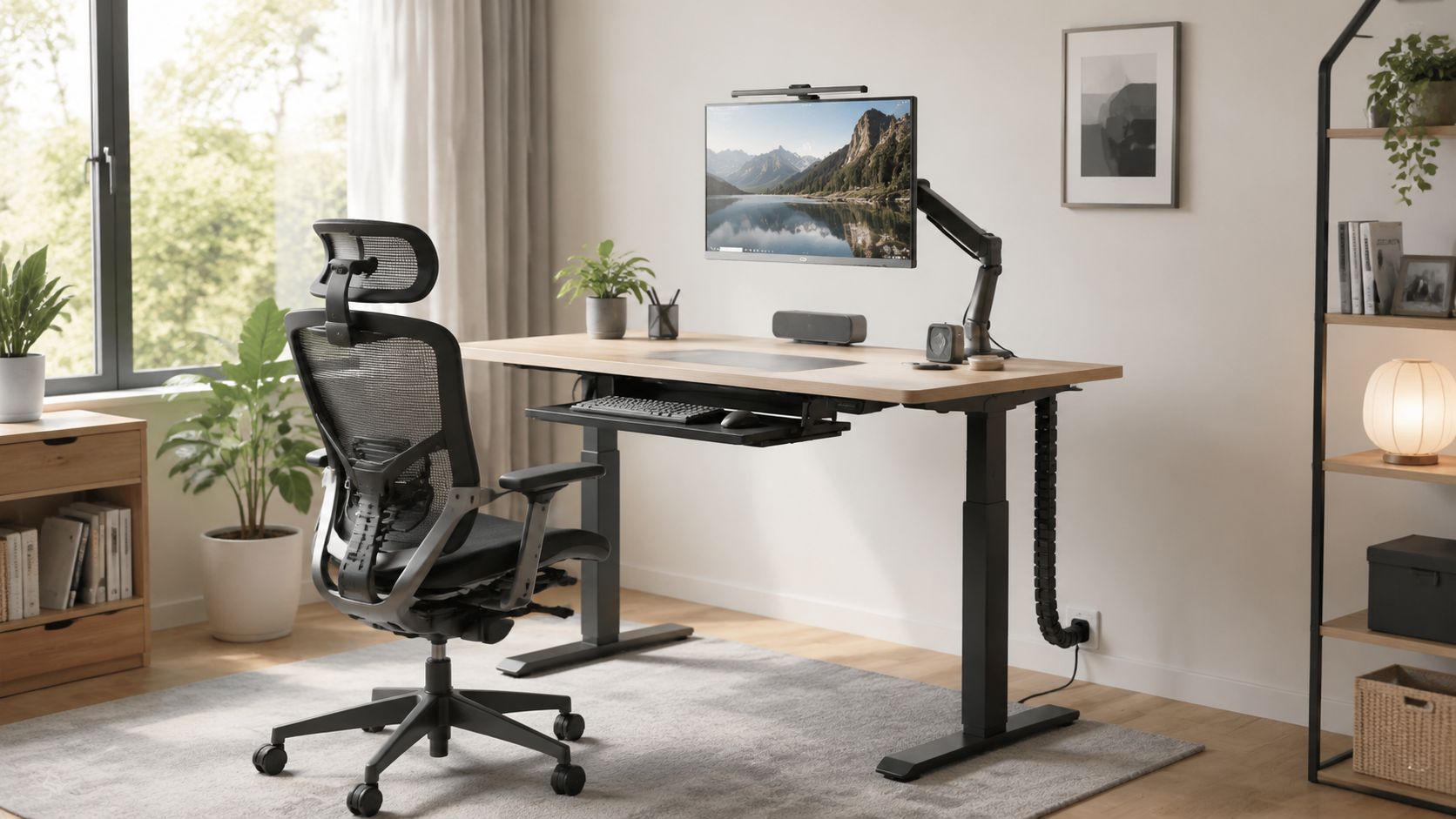 A modern home office setup with an ergonomic chair and an adjustable standing desk in a bright room.