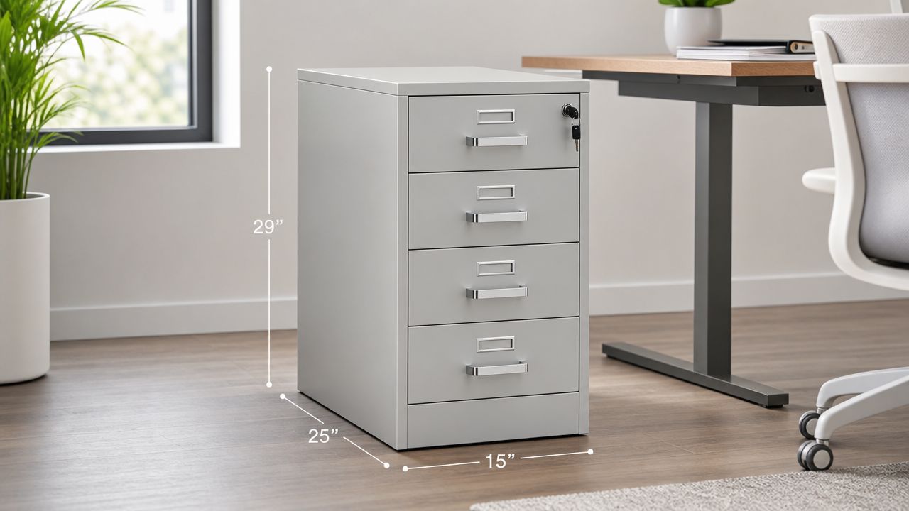 A light grey four-drawer file cabinet with dimensions of 29 inches high, 25 inches deep, and 15 inches wide.