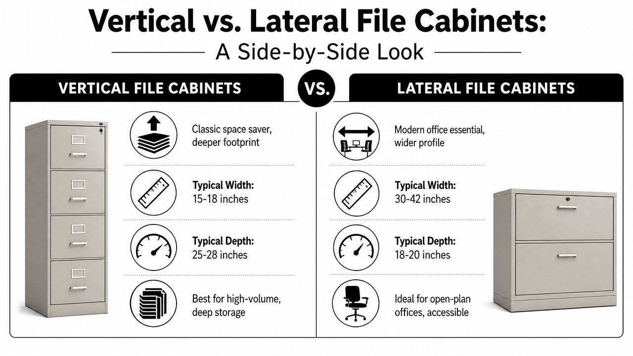 A comparison infographic detailing the dimensions and features of vertical and lateral office file cabinets.