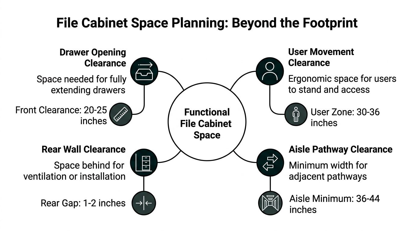 A diagram illustrating space planning requirements for file cabinets including clearance for drawers, users, and aisles.
