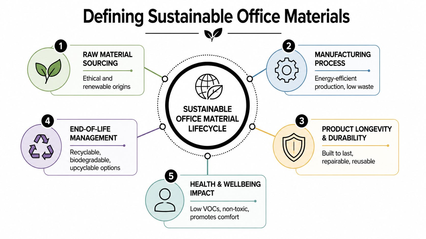 A diagram outlining the five key factors of a sustainable office material lifecycle, including sourcing and wellbeing.