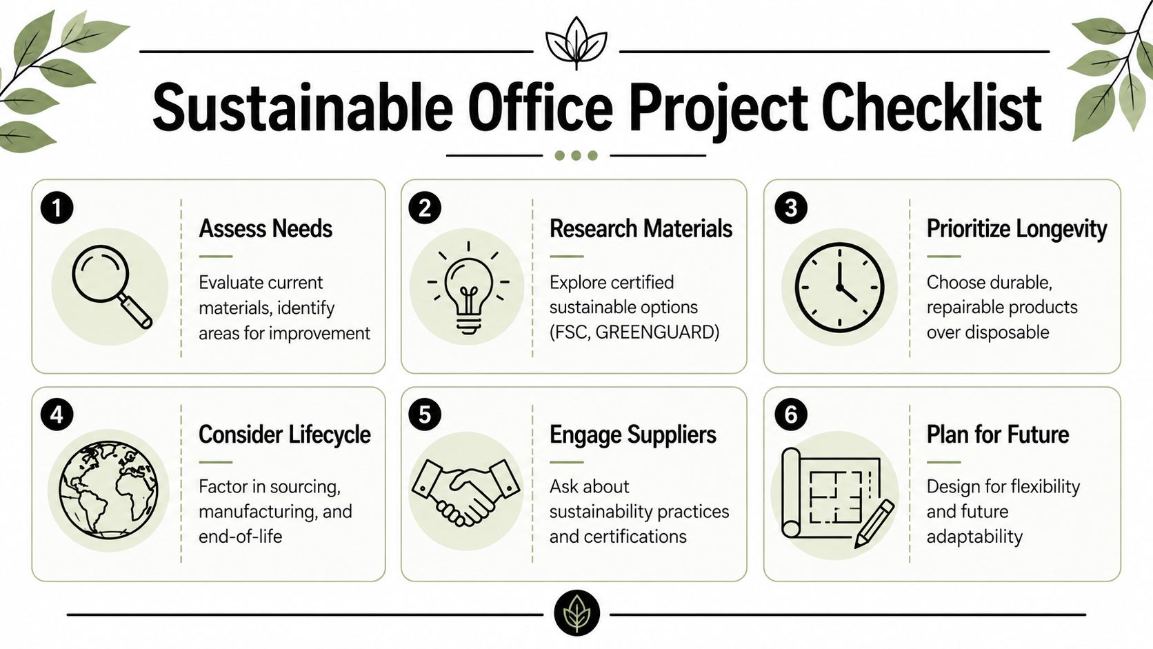 An infographic checklist outlining six essential steps for creating a sustainable office project environment.