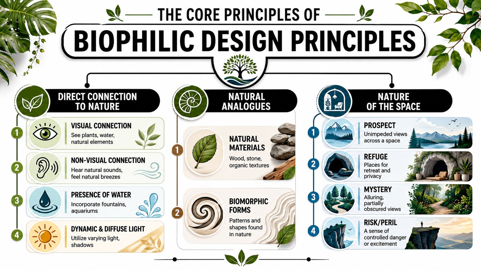 An infographic detailing the three categories and core principles of biophilic design for natural architecture.