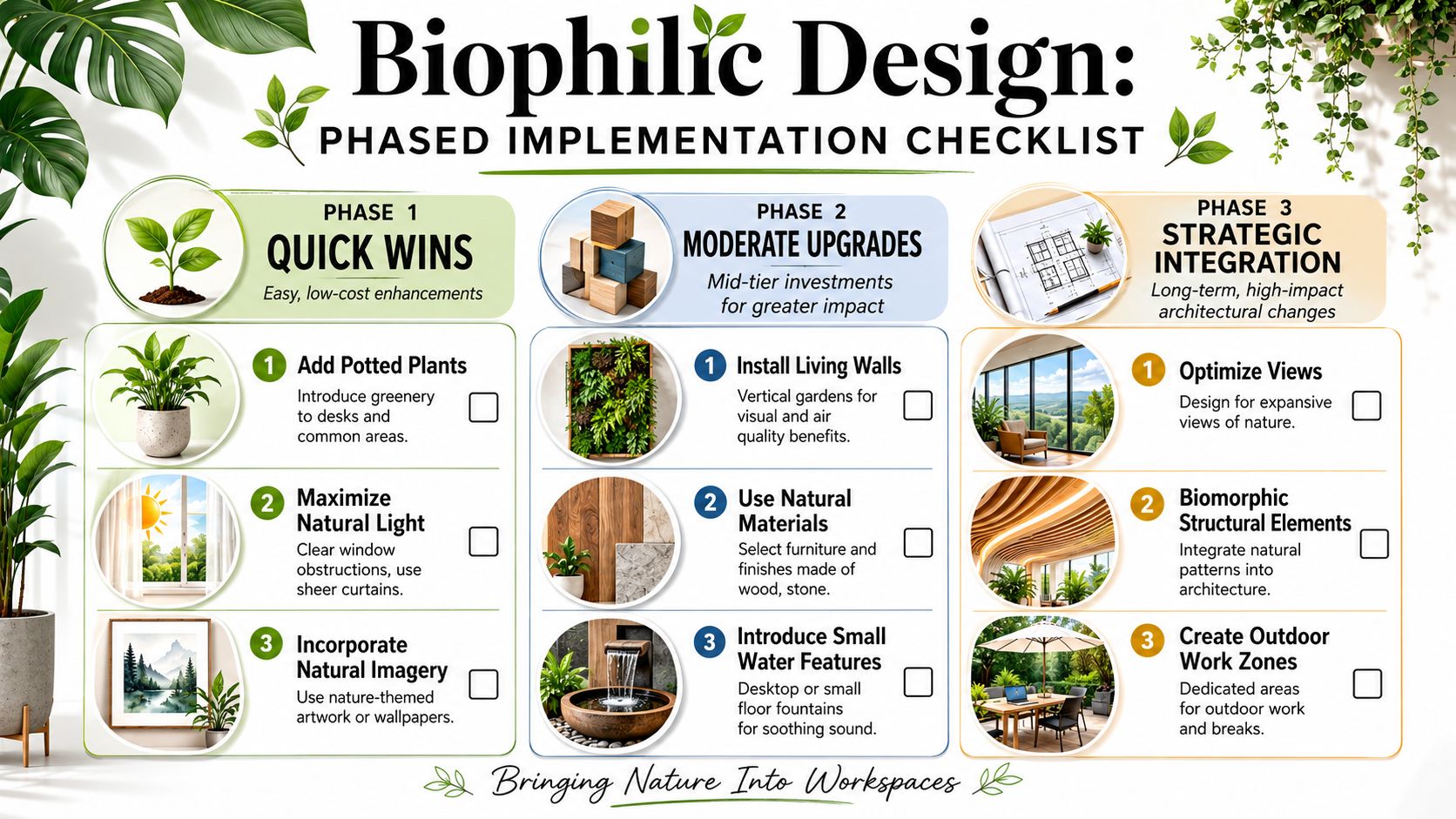 A phased implementation checklist for biophilic design in offices, featuring quick wins, moderate upgrades, and strategic integration.