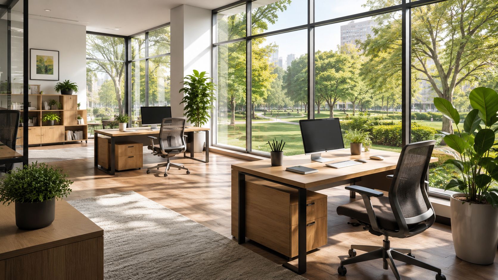 A modern, sunlit office space with wooden desks, ergonomic chairs, large windows, and many indoor plants.