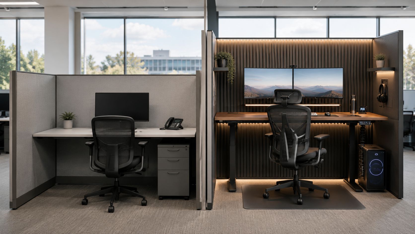 A modern open-plan office featuring two separate workstation cubicles with ergonomic chairs and computers.