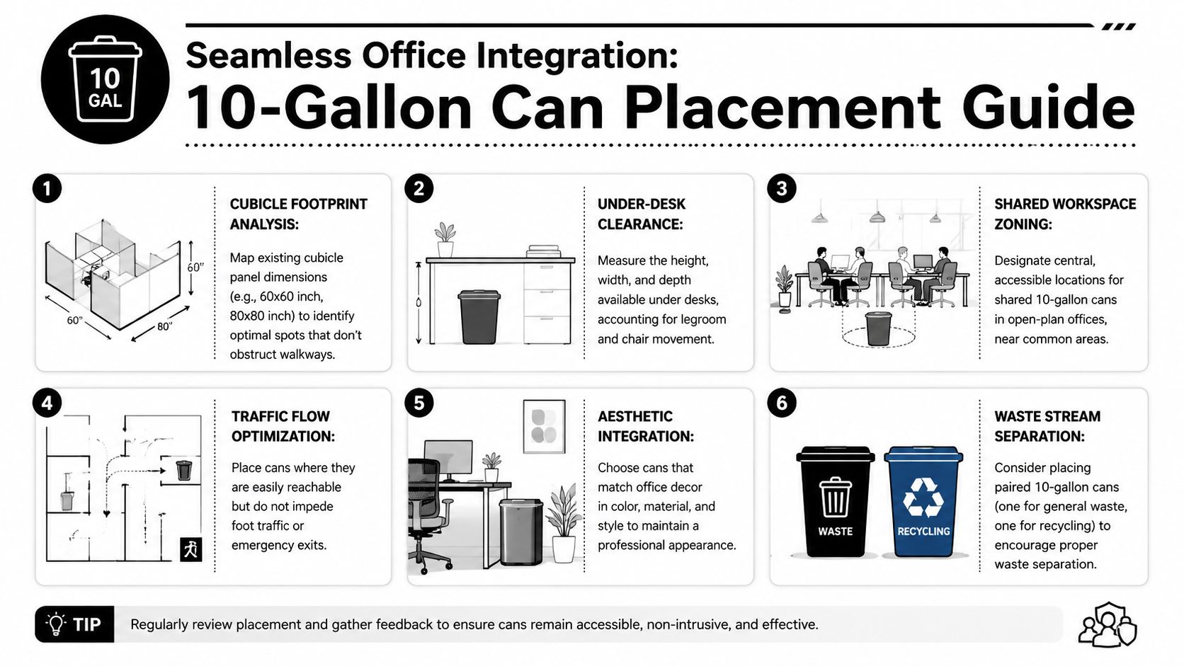 An infographic titled 10-Gallon Can Placement Guide offering tips for organizing trash cans in office environments.