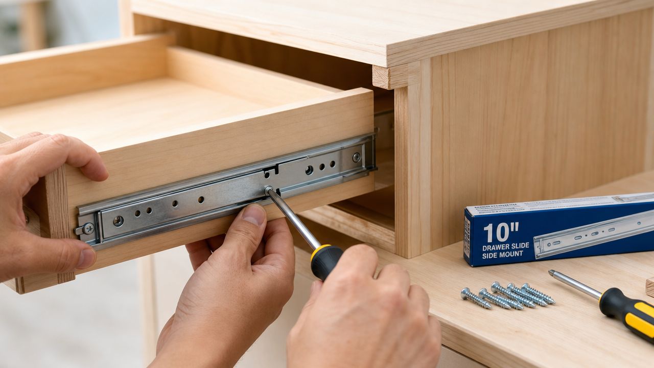 A person installing a 10-inch drawer slide onto a wooden drawer with a screwdriver.