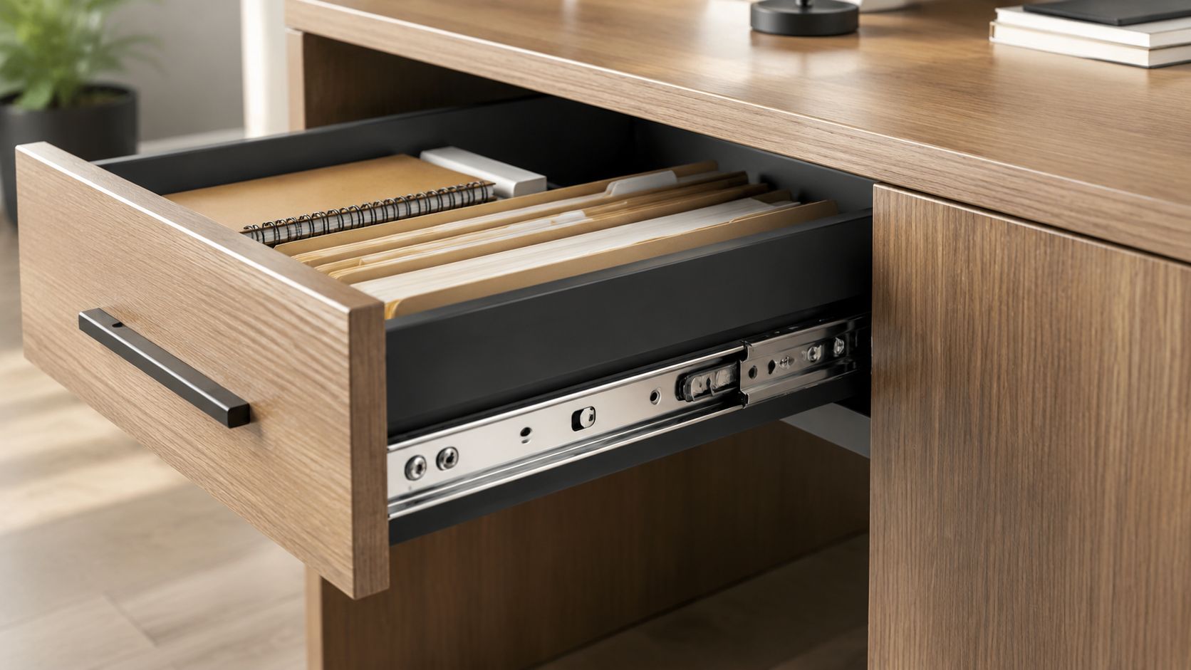 A close-up view of a wooden office desk drawer featuring heavy-duty metal 10-inch drawer slides.