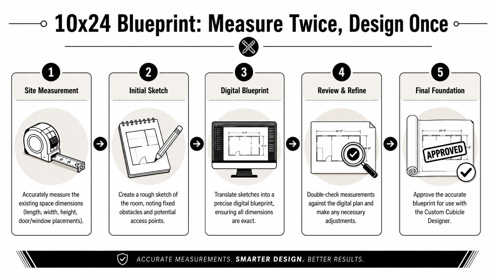 A five-step infographic titled 10x24 Blueprint detailing the process from site measurement to final plan approval.