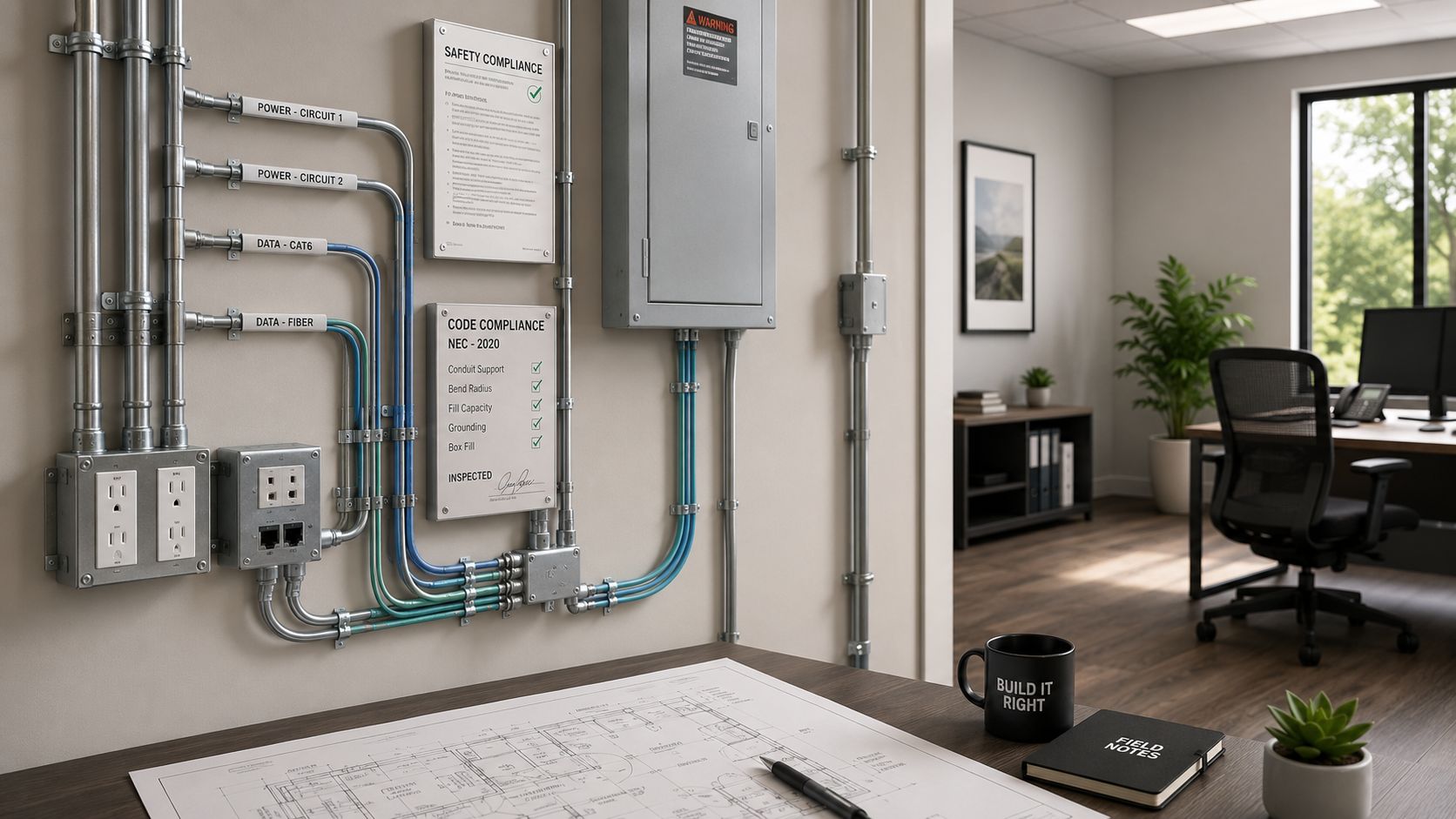 A professional construction office wall featuring electrical conduit runs, compliance posters, and a desk with blueprints.