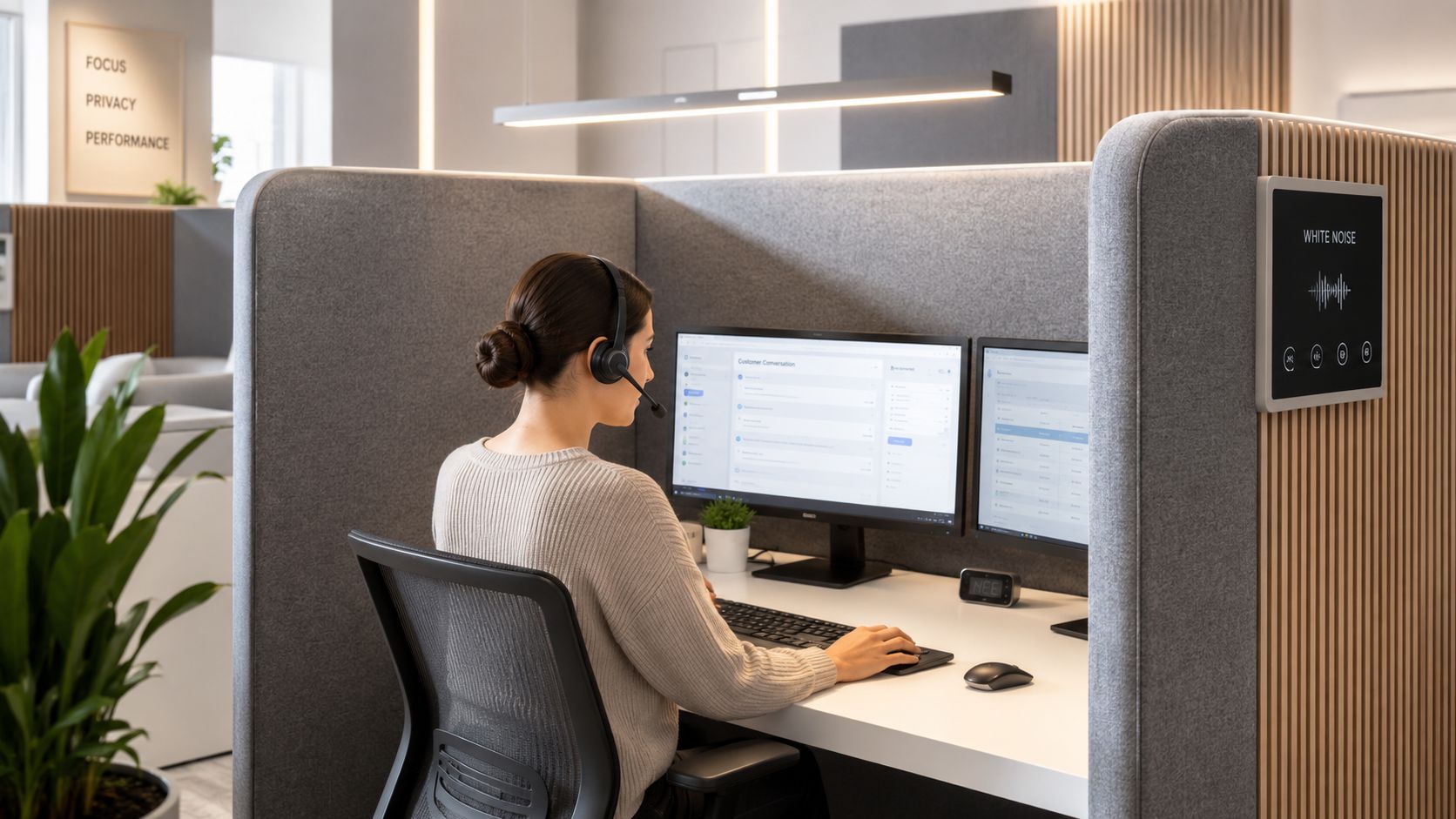 A professional woman wearing a headset working at a computer inside a modern soundproof call center cubicle.