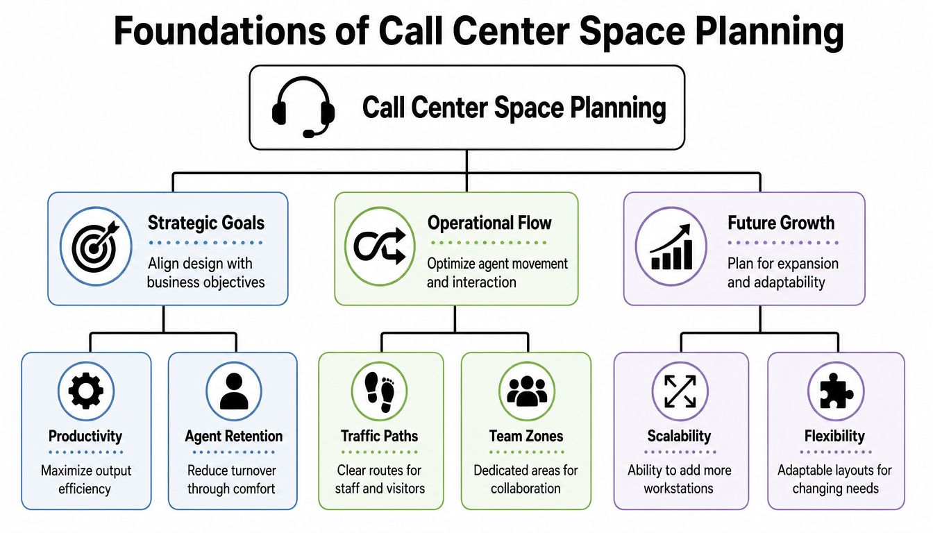 A hierarchical flowchart outlining the key foundations for effective call center space planning and design.