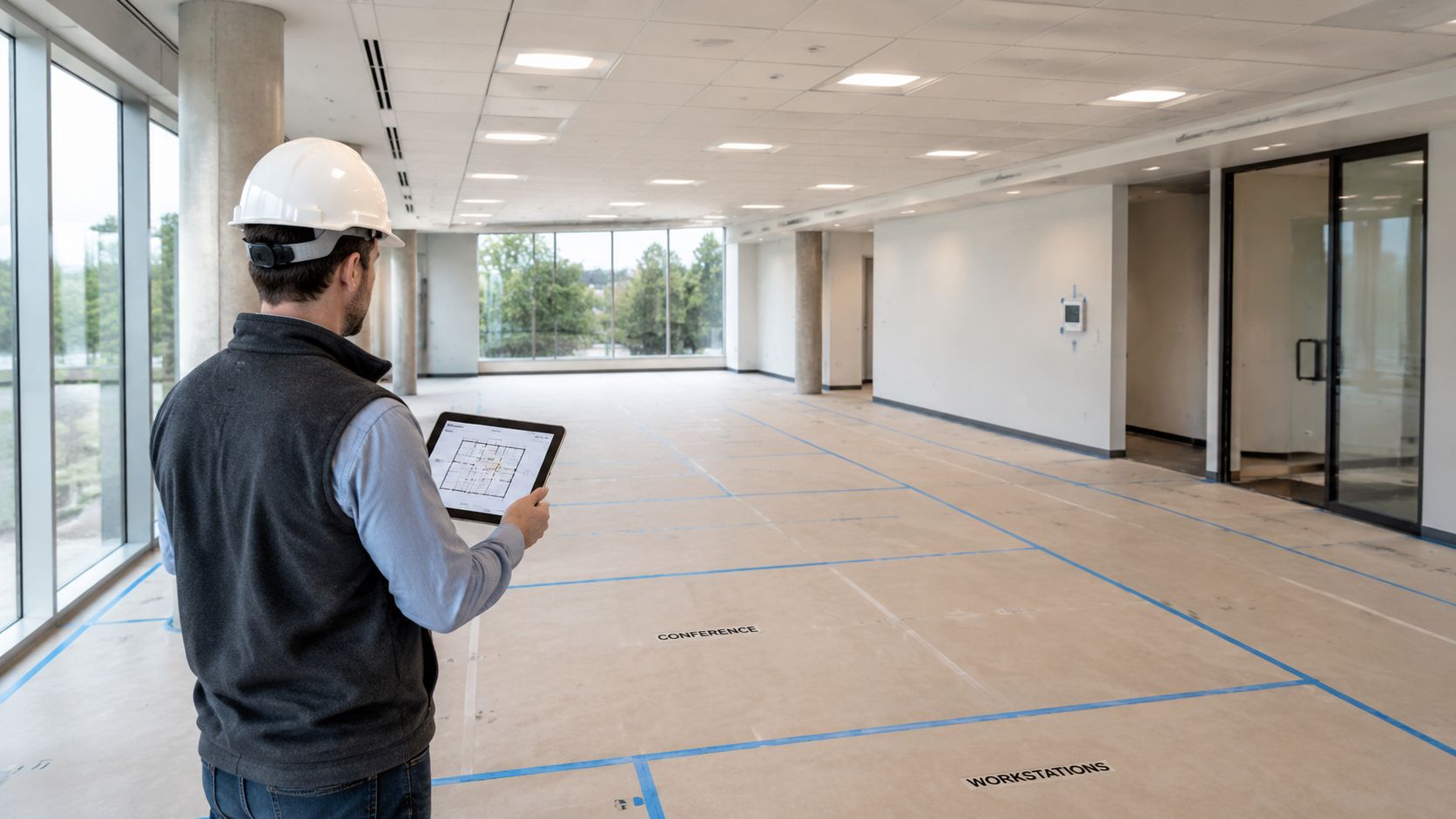 A construction manager holding a tablet while inspecting an empty office space with floor plan markers.