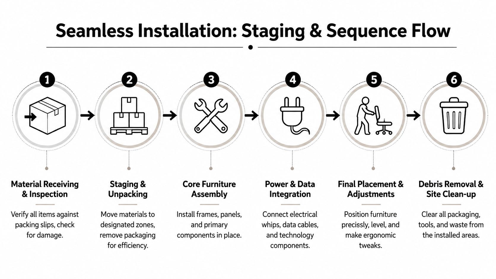 A six-step infographic showing the sequence flow for a seamless commercial office furniture installation process.