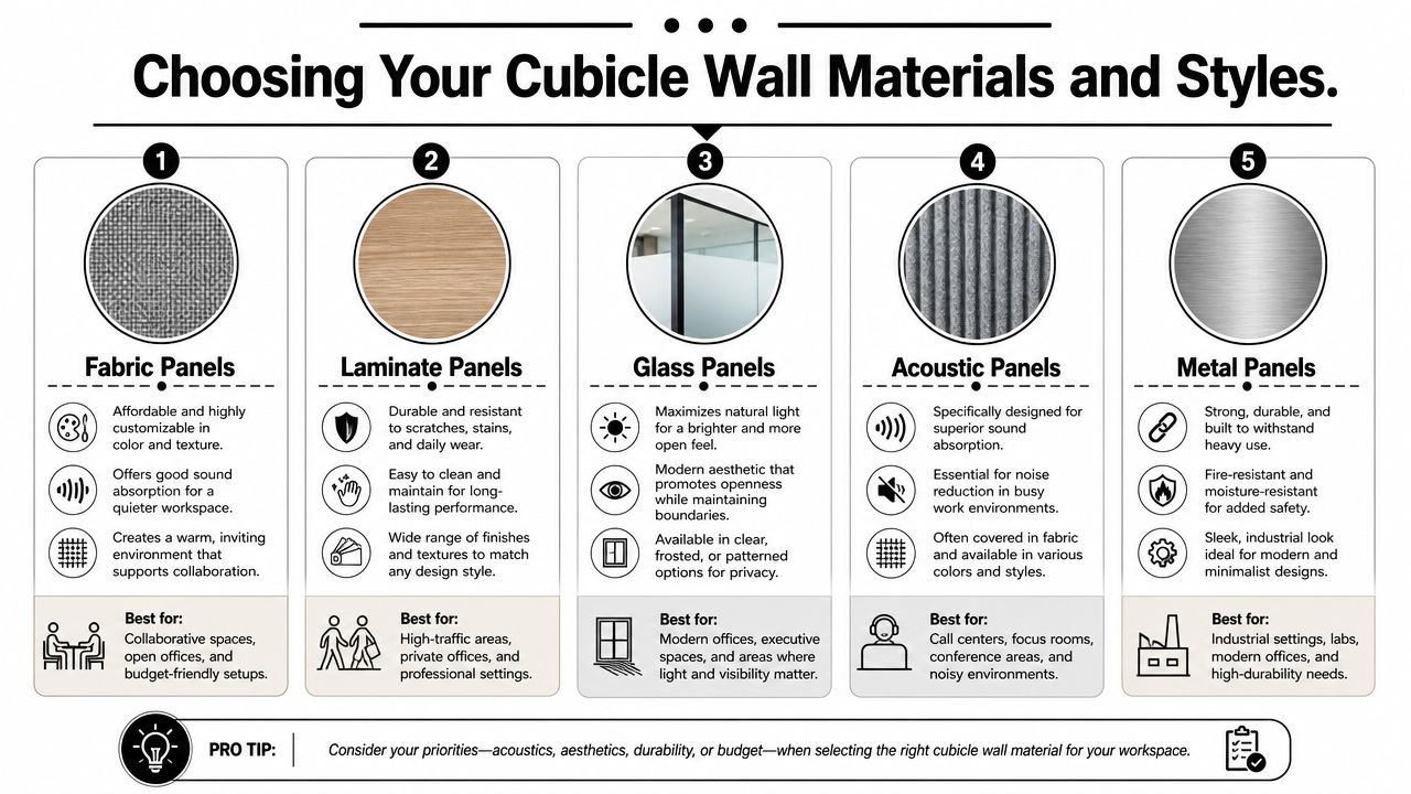 An infographic showing five types of cubicle wall materials: fabric, laminate, glass, acoustic, and metal panels.