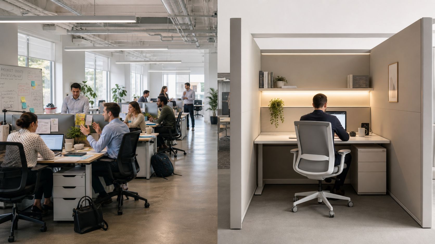 A modern office space showcasing an open workspace with desks and a private secluded cubicle area.