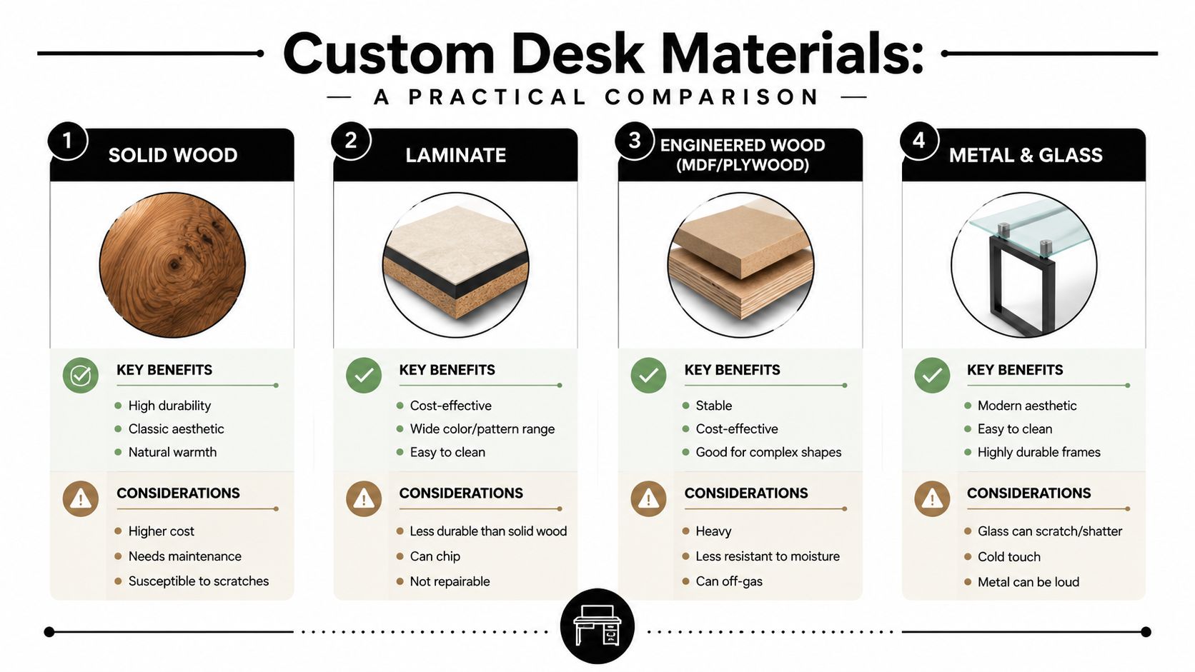 A comparison chart outlining the pros and cons of four different materials for custom office desks.