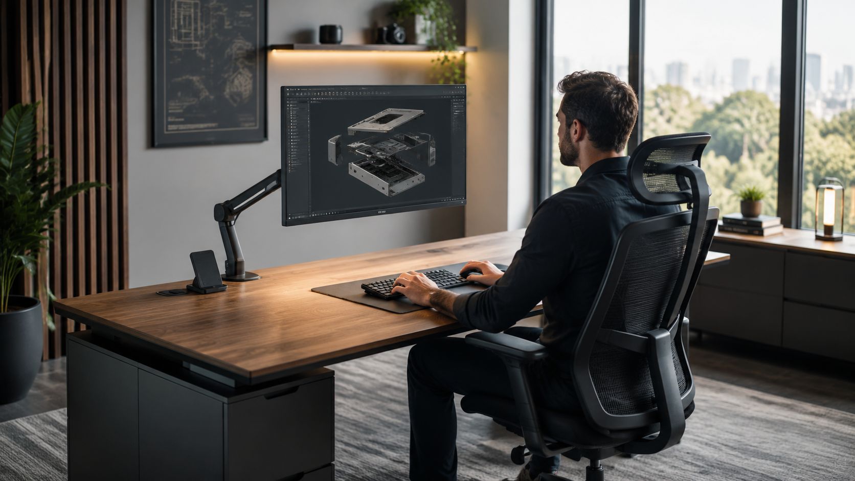 A professional man works on a CAD 3D design at a modern wood desk in a contemporary office.