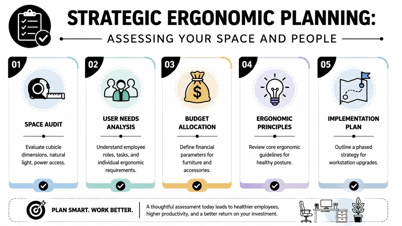 An infographic detailing five steps for strategic ergonomic planning to improve office workspace and employee well-being.