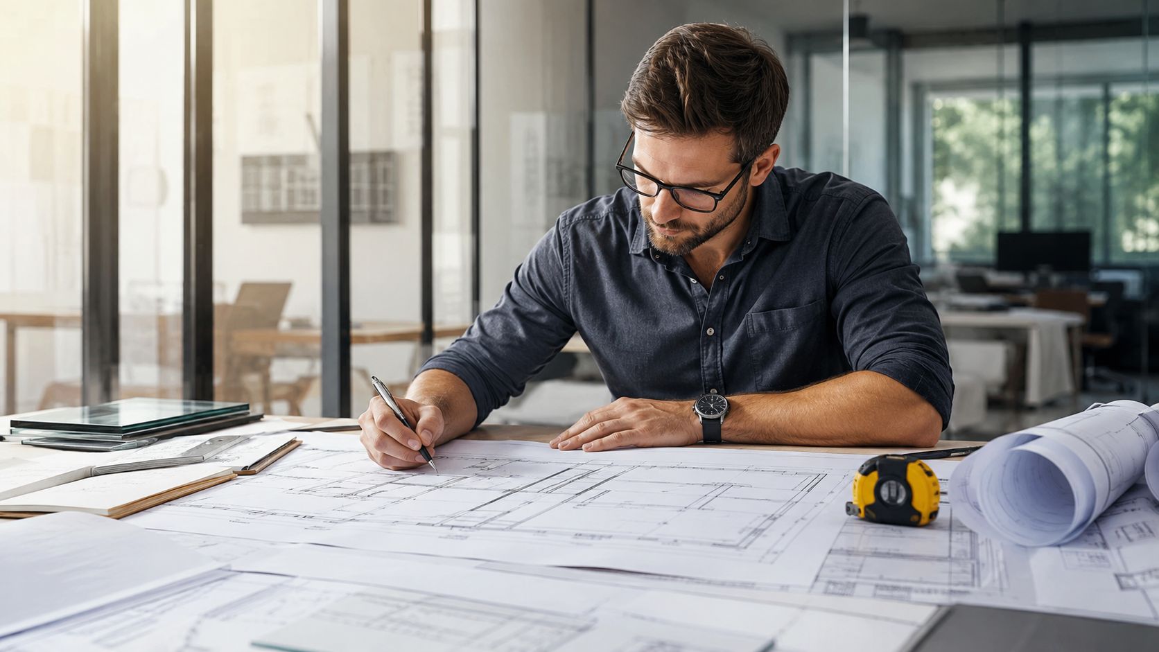 A professional male architect in a modern office working on floor plan blueprints at his desk.