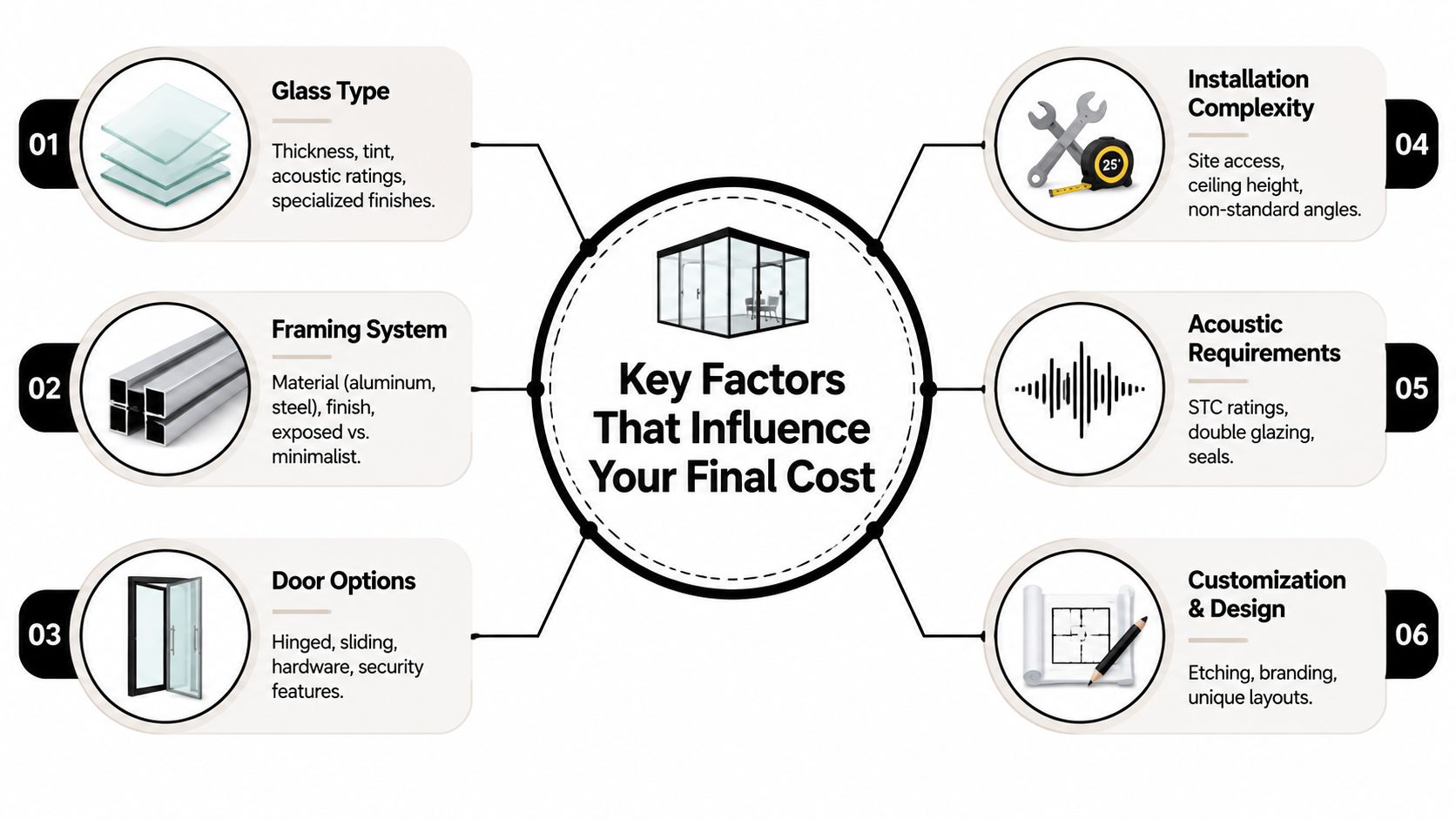 A diagram illustrating six key factors that influence the total cost of installing glass office walls.