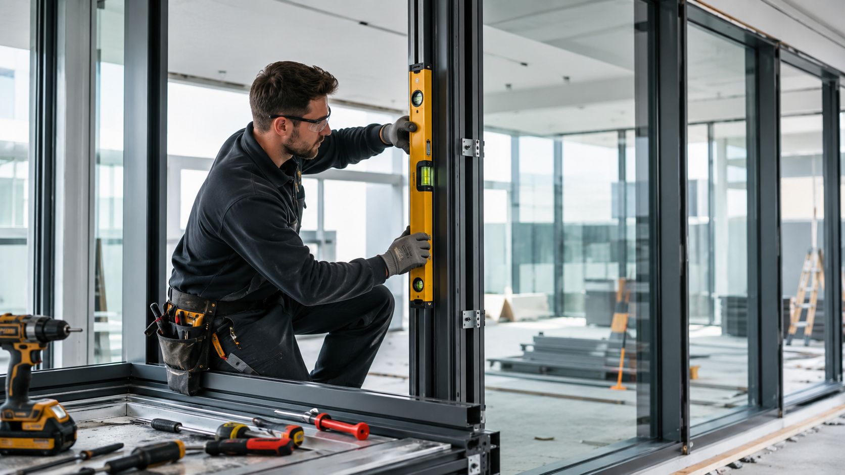 A professional construction worker uses a spirit level to carefully align a modern glass wall installation.