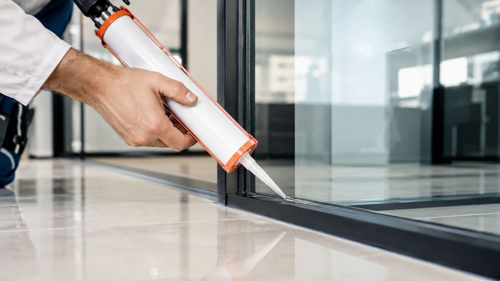 A professional construction worker applying silicone sealant to a glass wall partition frame in an office space.