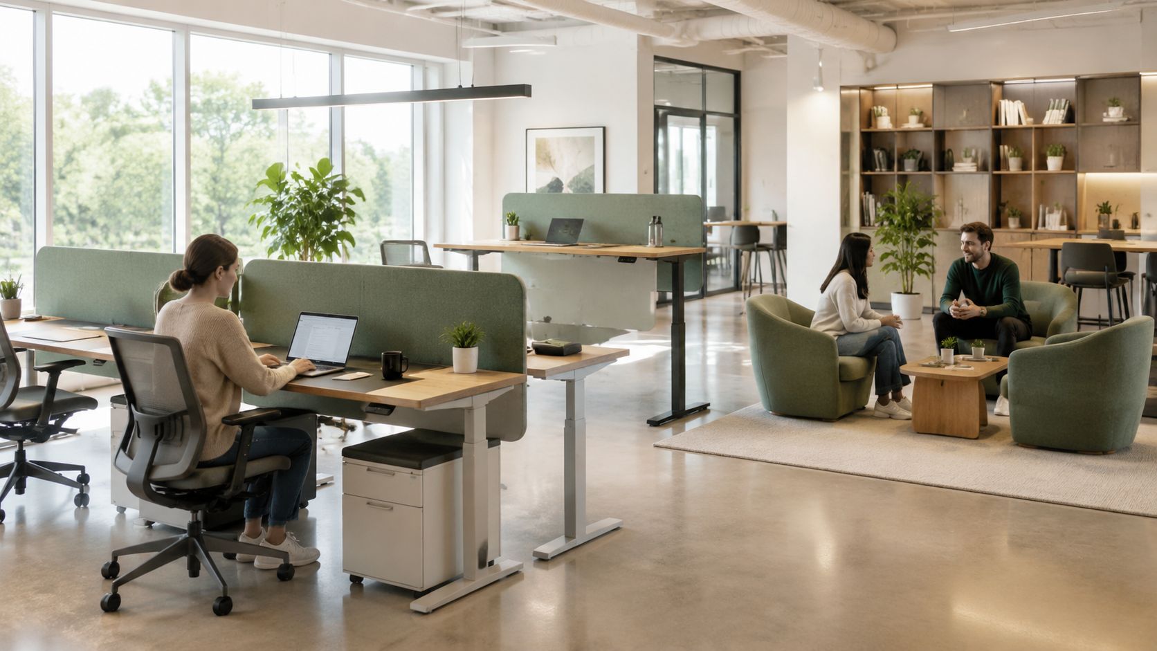 Employees working in a modern hybrid office environment with ergonomic furniture and comfortable lounge seating areas.