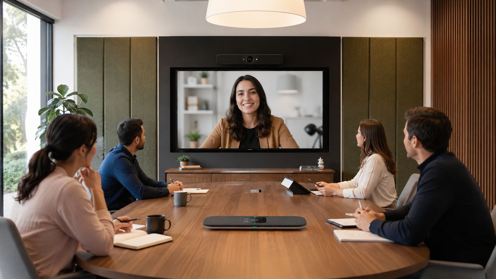 A diverse team holds a video conference in a modern office, communicating with a remote colleague online.