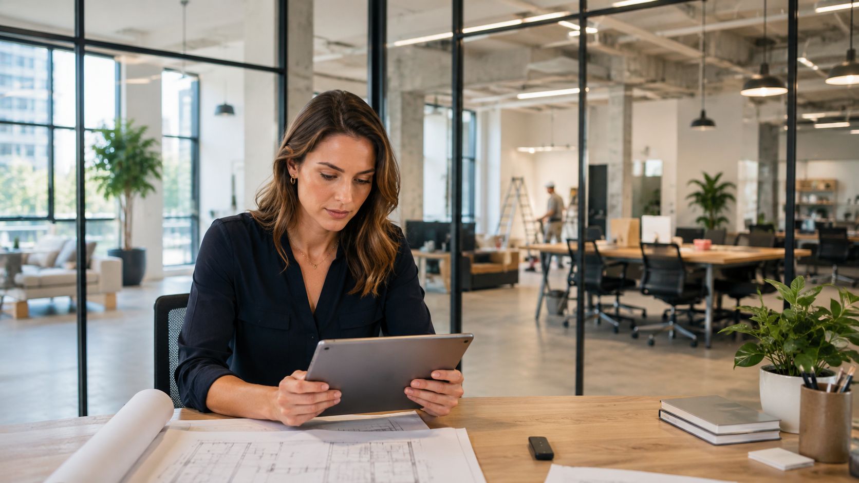 A professional woman working on a tablet at a desk with architectural drawings in an office