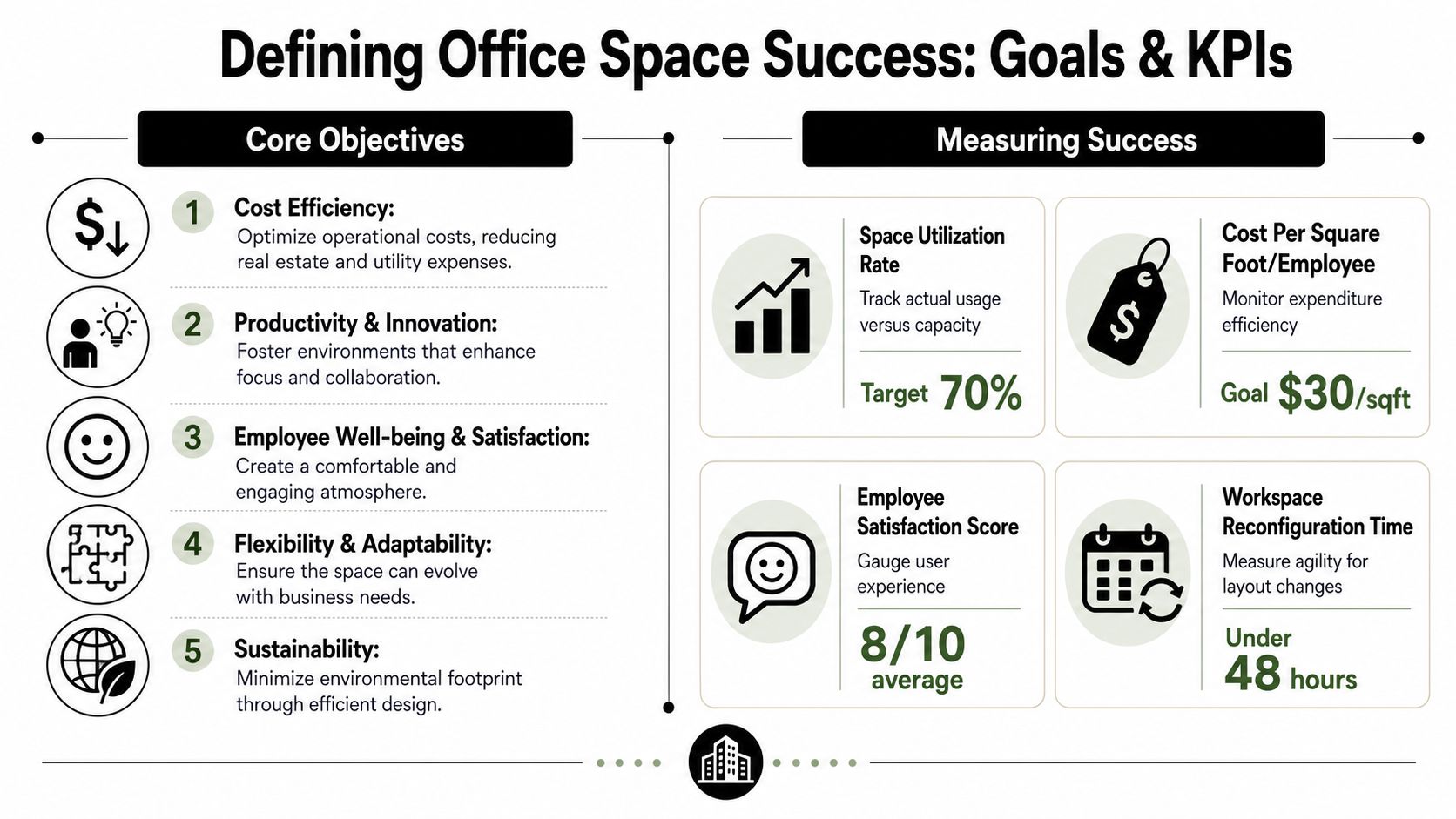 An infographic defining office space management goals and key performance indicators for business success and efficiency.