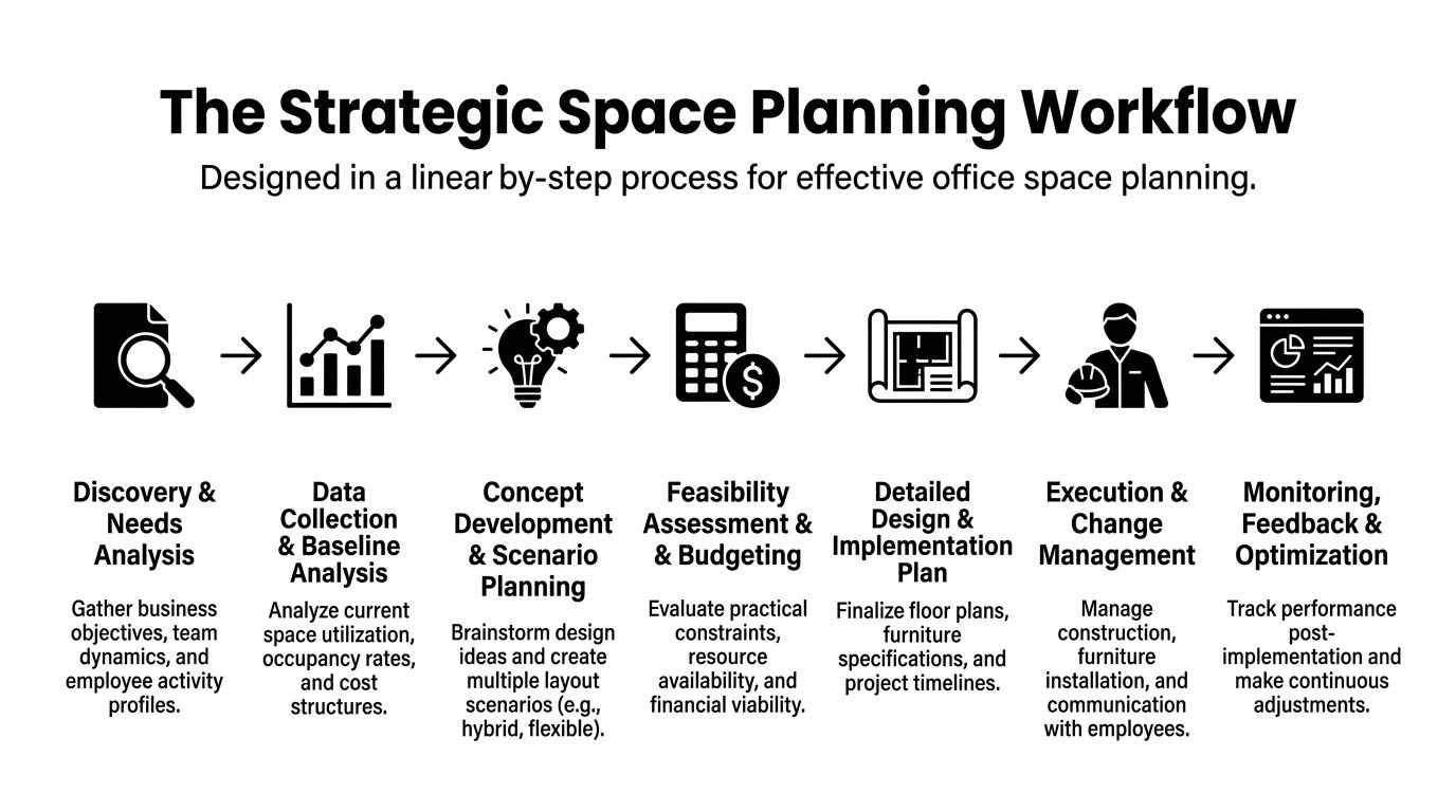 A linear, step-by-step workflow infographic detailing the strategic office space planning process from discovery to optimization.