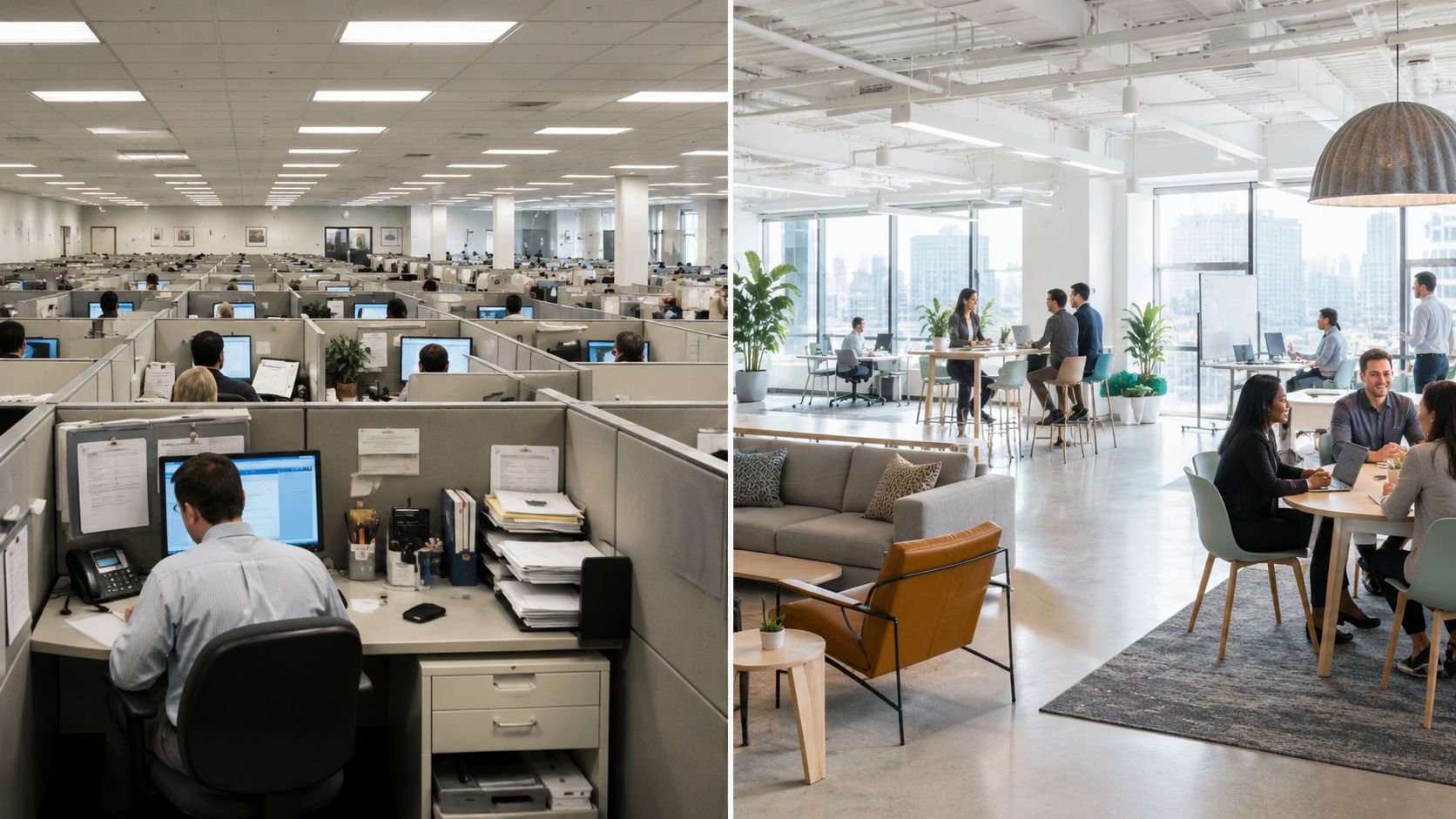 A split-screen comparison showing traditional grey office cubicles alongside a modern, open-concept collaborative workspace.