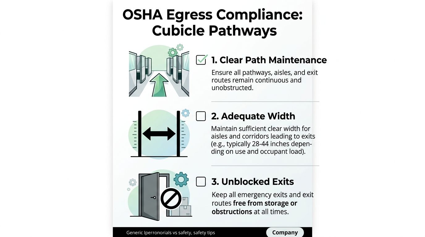 An infographic titled OSHA Egress Compliance showing three requirements for keeping office cubicle pathways safe and clear.