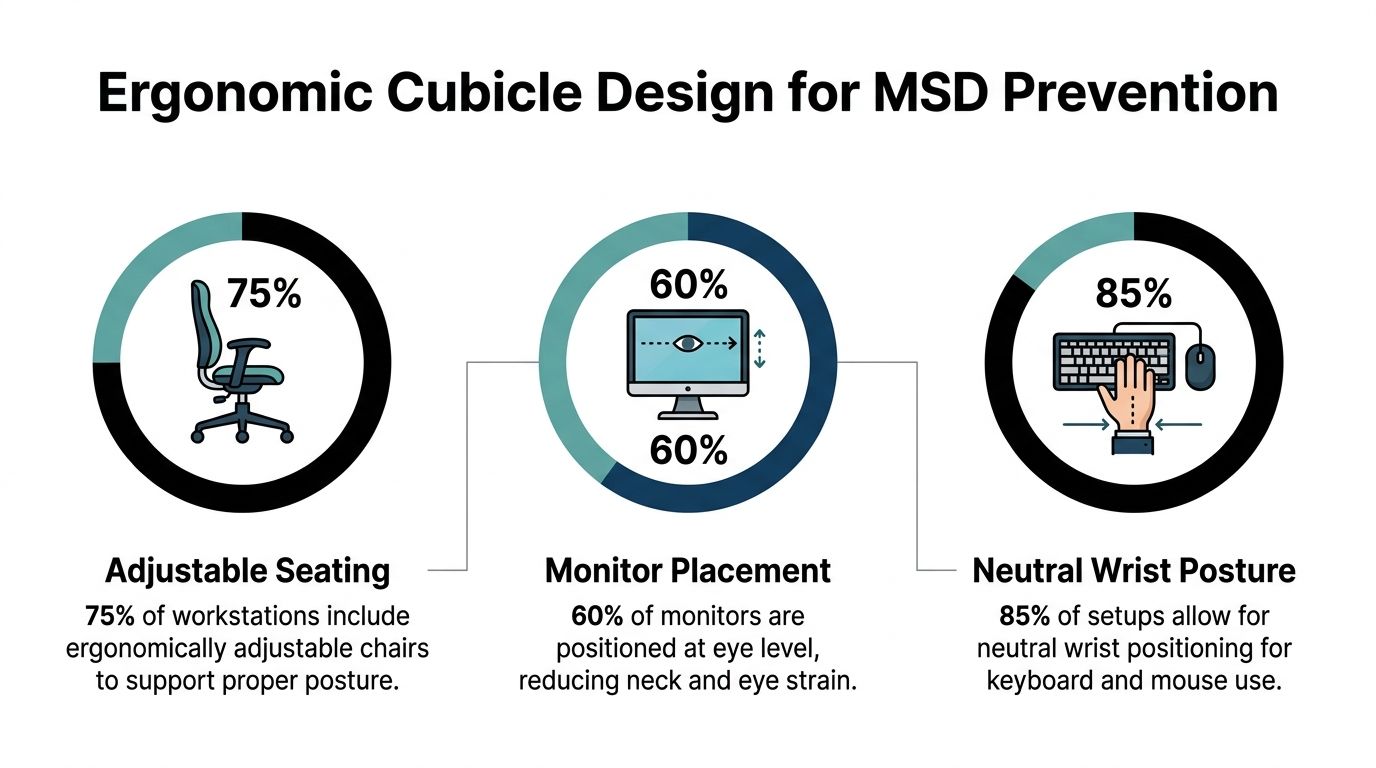 An infographic titled Ergonomic Cubicle Design for MSD Prevention highlighting statistics for workstation seating, monitor placement, and posture.