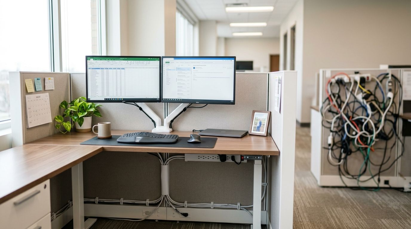 A modern office cubicle with dual monitors on a desk featuring organized wiring and a messy cable tangle.