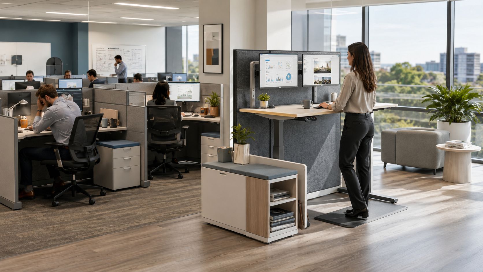 A bright modern office featuring employees in cubicles and a woman working at a standing desk.